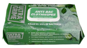 A package of Ultra Grime Anti-Bac Clothwipes in a green and white box, with text highlighting antibacterial and citrus home fresh scent features.