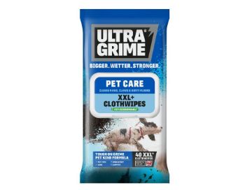 A package of Ultra Grime Pet Care XXL+ Cloth wipes on a plain white background. The packaging is primarily blue and white with a picture of a dog and cat on the front.