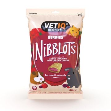 Vetio Healthy Nibblots Berries pet treats for small animals in a 20g resealable pouch, featuring red and cream packaging with illustrations of a cat, rabbit, and dog.