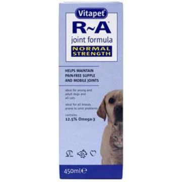 Vitapet R-A Joint Formula Normal Strength 450ml box for dogs, featuring a light blue and white design with a picture of a golden retriever on the front.