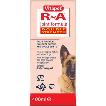 Vitapet R-A Joint Formula Double Strength 400ml e-commerce packaging box for dogs, featuring a light pink background with red and white branding and a German Shepherd graphic.