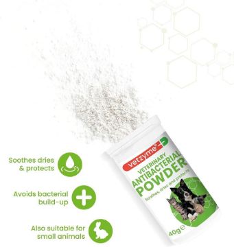 Verzyme Veterinary Antibacterial Powder packaging with product being poured out on a white background