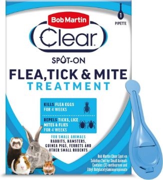 Bob Martin Clear Spot-On Flea, Tick & Mite Treatment package with a blue pipette shown beside the box on a white background.