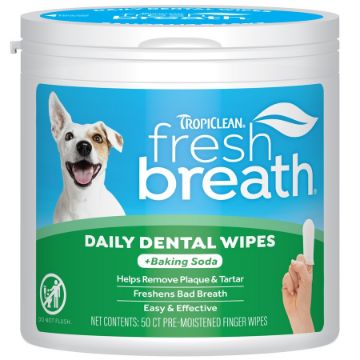 A white plastic tub of TropiClean Fresh Breath Daily Dental Wipes for dogs, featuring a blue and green label with a picture of a dog and a hand holding a wipe.