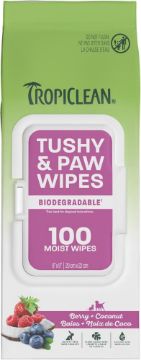 Tropiclean Tushy & Paw Wipes packaging with green and purple design.