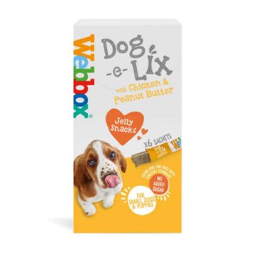 A box of Webbox Dog e Lix Jelly Snacks with Chicken & Peanut Butter flavor, featuring a brown and white dog illustration on a white and yellow background.