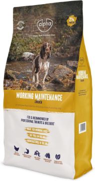 A bag of Alpha dog food, specifically Working Maintenance Chicken flavor, featuring a brown and white dog on the front packaging with a yellow side panel.
