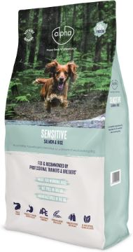 A bag of alpha pet food, Sensitive Salmon & Rice dry dog food, featuring a picture of a brown dog in a green forest on the front, with a mint green and white design.