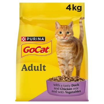 Purina Gocat Adult cat food package with a cat on a yellow background
