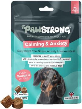 Paw Strong Calming & Anxiety supplement for dogs in a 60 count bag, featuring a dachshund illustration and three brown chew pieces shown at the bottom left.
