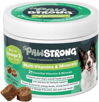 A white plastic tub of Paw Strong Multi-Vitamins & Minerals dog supplement, featuring a green and white label with a dog photo and several brown chew treats shown in front on a white background.