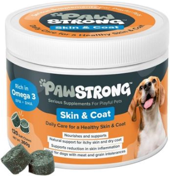 A white plastic tub of Paw Strong Skin & Coat supplement for pets, featuring a label with an orange and teal design, a basset hound photo, and two dark green chew tablets shown in front on a white background.