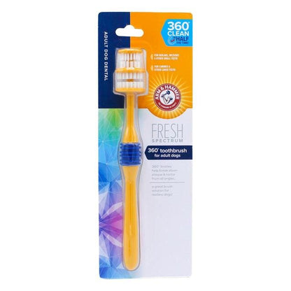 A yellow 360-degree toothbrush for dogs packaged in a card with blue and orange design, branded by Arm & Hammer.