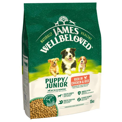 James Wellbeloved Puppy Junior 15KG dog food package on a white background