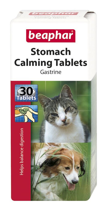 Packaging of Beaphar Stomach Calming Tablets with a picture of a dog and a cat on the front.