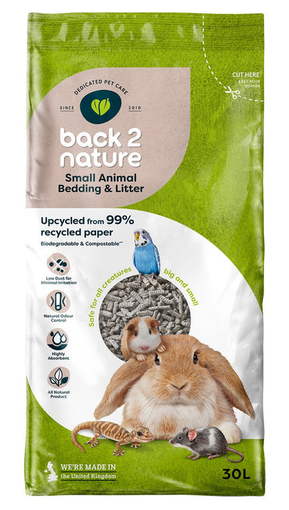 A package of Back-2-Nature Small Animal Bedding featuring images of a hamster, a guinea pig, and a bird on the front, with product details and a green background.