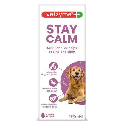Vetzyme+ Stay Calm dog calming oil packaging, 150ml. The white box features purple text, a golden retriever illustration, and purple icons indicating suitability for dogs and puppies.
