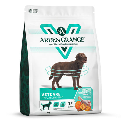 Arden Grange VetCare Hypoallergenic dog food packaging on a white background