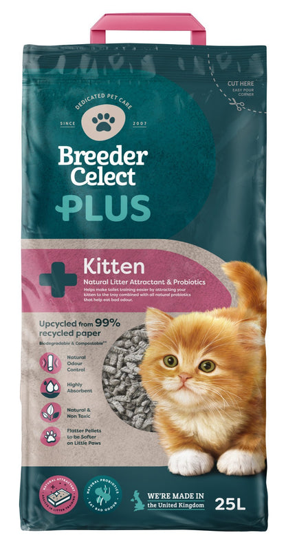 A 25 litre bag of Breeder Celect PLUS Kitten paper cat litter featuring a picture of a kitten and product details.