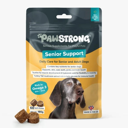 A stand-up pouch of PAWSTRONG Senior Support dog supplements with several brown soft chews placed in front on a light gray background. The package is dark charcoal/black at the top and transitions into a warm yellow-orange lower section, with a photo of a long-eared dog on the front and text highlighting senior care, omega-3 richness, and 60 soft chews.