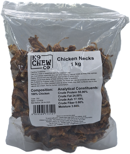 Packaged chicken necks for dogs in a clear plastic bag with branding and product information.