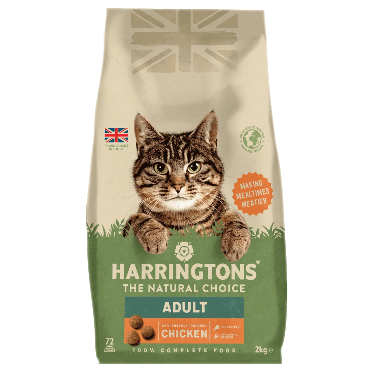 A 2kg bag of Harringtons The Natural Choice Adult Chicken cat food, featuring a brown tabby cat on the front of a beige and green bag.