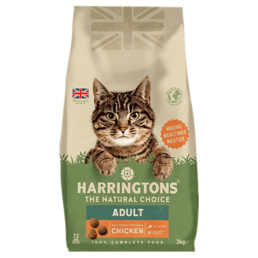 A 2kg bag of Harringtons The Natural Choice Adult Chicken cat food, featuring a brown tabby cat on the front of a beige and green bag.