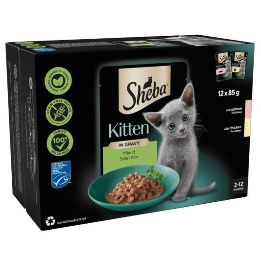 Sheba Cat Pouch KITTEN Mixed Selection in Gravy 12 x 85g - Case of 4