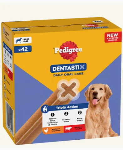Pedigree Dentastix Daily Oral Care dog treats box for large dogs, featuring a yellow and blue package design with a golden retriever illustration and a visible treat stick.