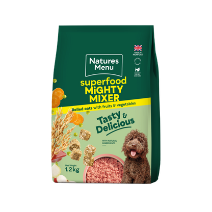 Natures Menu superfood mighty mixer dog food packaging on a white background