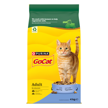 A 4 kg bag of Purina GoCat Adult cat food, featuring a bright yellow and green bag with an orange tabby cat standing on the front next to a blue bowl of kibble.