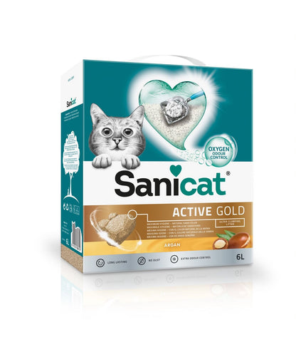 A box of Sanicat Active Gold Cat Litter, showing the product and its features on the packaging.
