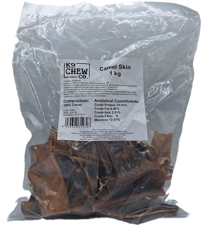 Packaged Camel Skin Slices by K9 Chew Co. weighing 1kg, visible through the clear plastic packaging with labels and instructions.