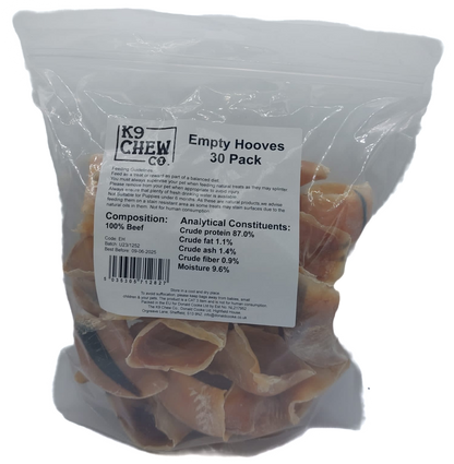 A pack of 30 empty cow hooves dog treats from K9 Chew Co., packaged in a clear plastic bag.