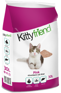 A bag of Kittyfriend Pink cat litter featuring a picture of a cat on the front.