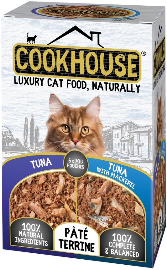 COOKHOUSE 100% Natural & Complete Luxury Wet Cat Food - 36 x 70g Pouches - Tuna Loin/Tuna Loin with Mackerel - Fillets in Jelly