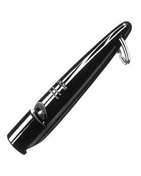 A black dog whistle with a metal ring on the end and a button on the side.
