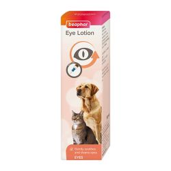 A box of Beaphar Eye Lotion featuring an image of a dog and a cat, indicating that the product is for pets.
