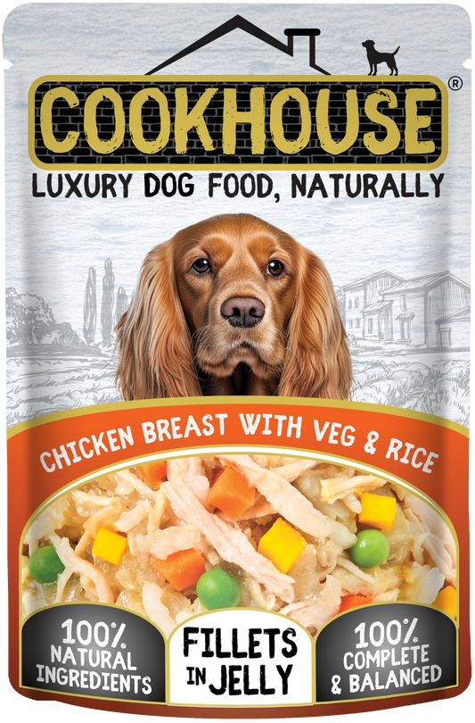 COOKHOUSE Luxury Dog Pouch Fillets Jelly Chicken, Veg & Rice 15 x 100g