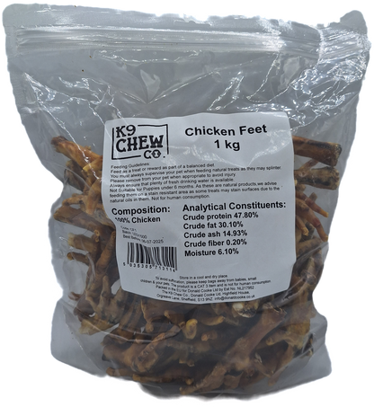 A plastic-wrapped bag containing chicken feet, labeled as 1 kg in weight from K9 Chew Co.