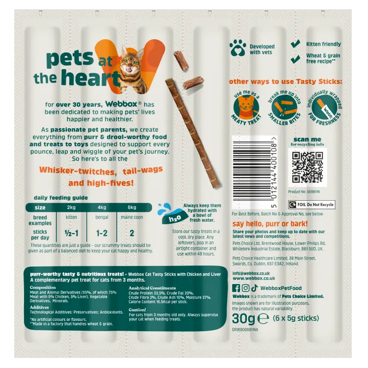 Webbox Tasty Sticks Chicken & Liver Cat Treats 30g - Case of 25 (150 sticks)