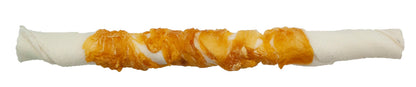 A 10-inch white twisted stick wrapped with pieces of chicken.