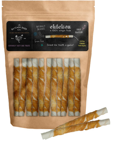 Packaging of The Butcher Shop Co. 5 inch twisted stick wrapped with chicken dog treats.