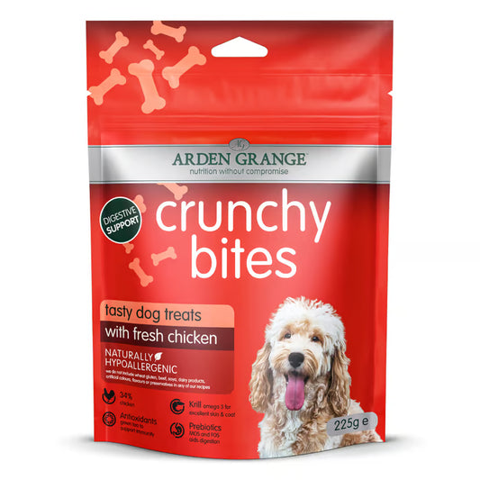 Red package of Arden Grange crunchy bites dog treats with a dog on the label.