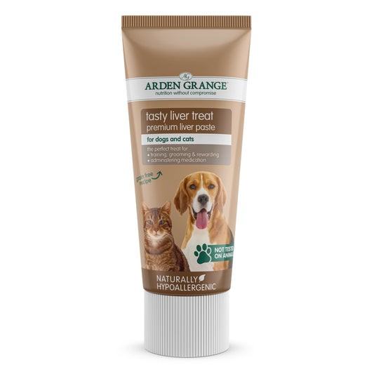 A tube of Arden Grange tasty liver treat paste with images of a dog and a cat on the packaging, indicating that it is suitable for both dogs and cats.