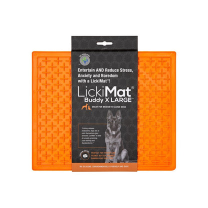 LickiMat Buddy XL packaging showing an orange mat designed for pets with product information and a picture of a dog.