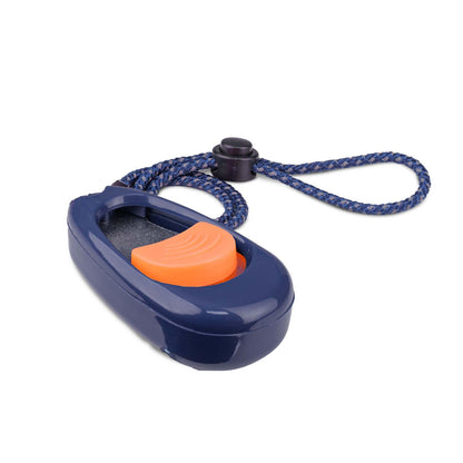 A navy and orange clicker with a coral color accent, attached to a blue elastic wrist strap, against a white background.