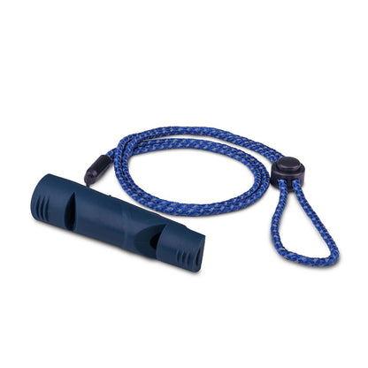 A navy blue Coachi two-tone whistle with a blue cord lanyard.
