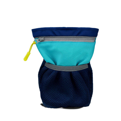 A Coachi Pro Train & Treat Bag in blue and green colors with a zippered pocket and a mesh bottom.