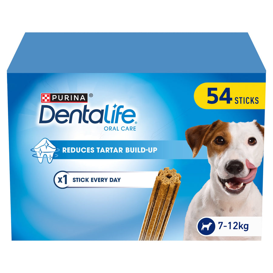 Purina Dentalife Oral Care dog chew sticks packaging box, 54 sticks, for 7-12kg dogs, featuring a blue box with a dog and a stick illustration.